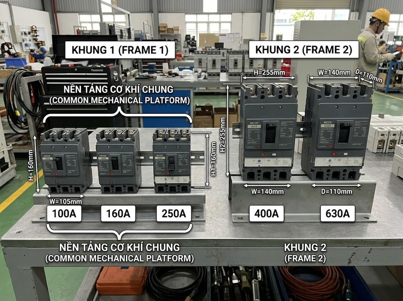 Kích thước MCCB thay đổi theo frame và số cực thế nào?